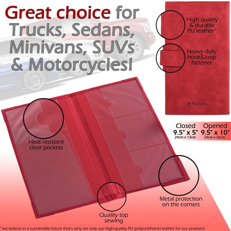 PlusXpres Auto Insurance and Registration Card Holder - Vehicle Glove Box Document Organizer - Car Essential Paperwork Holder for DMV  AAA  Contact Information Cards - Premium PU Leather Wallet Case - Red - Image 5